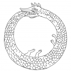 Image of an ouroborus, a serpent eating its own tail, representing self-reflexivity