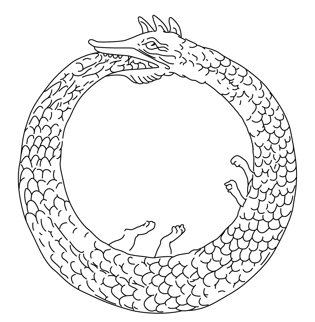 Image of an ouroborus, a serpent eating its own tail, representing self-reflexivity